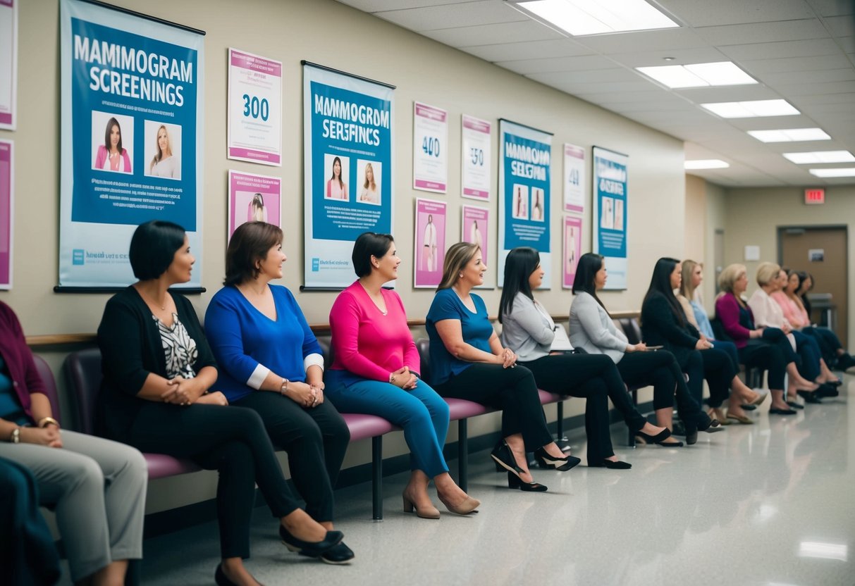 A group of women waiting in line at a clinic, surrounded by posters and banners promoting mammogram screenings