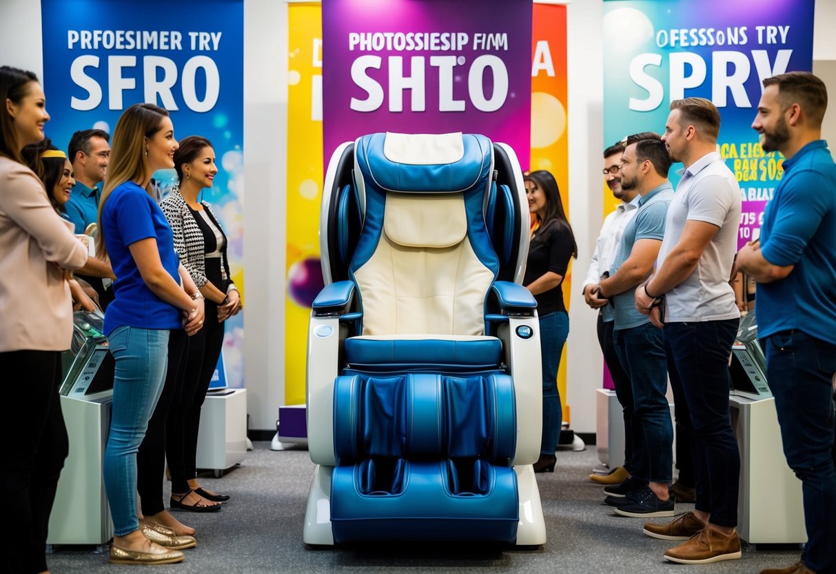 A massage chair surrounded by colorful banners and promotional signs. Customers lined up to try it out