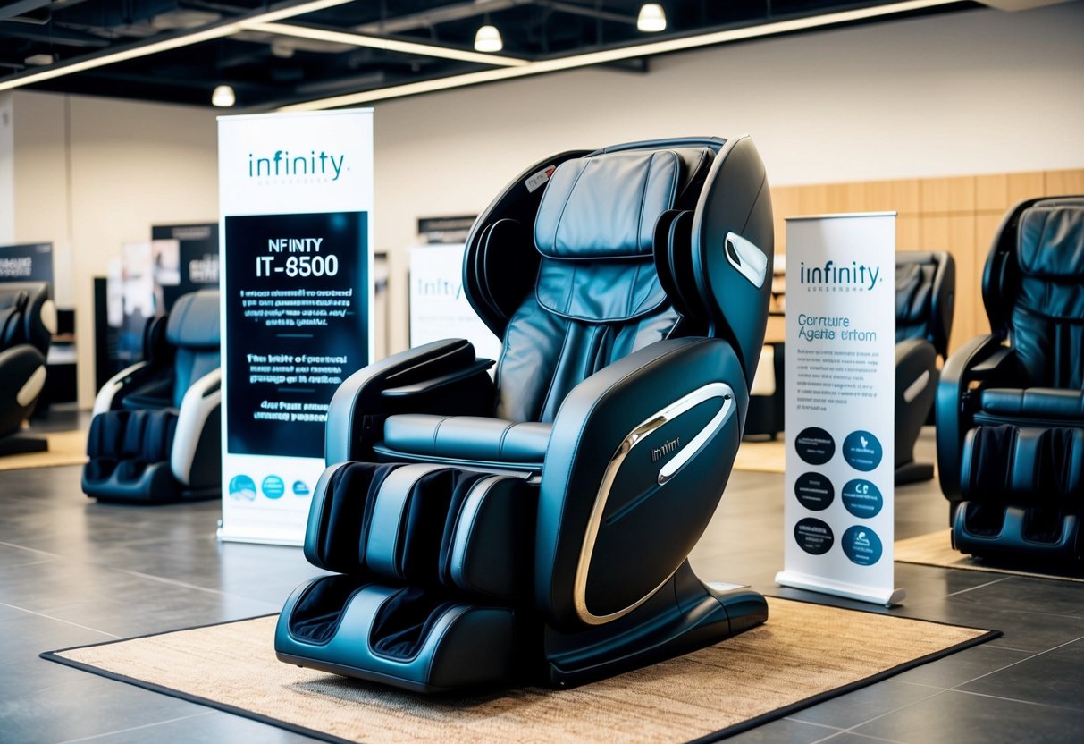 A luxurious massage chair, the Infinity IT-8500, showcased with promotional materials in a spacious, well-lit showroom