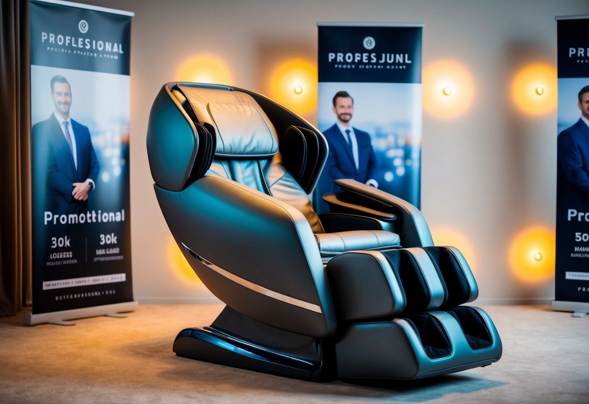 A sleek, modern massage chair surrounded by soft, ambient lighting and adorned with promotional banners