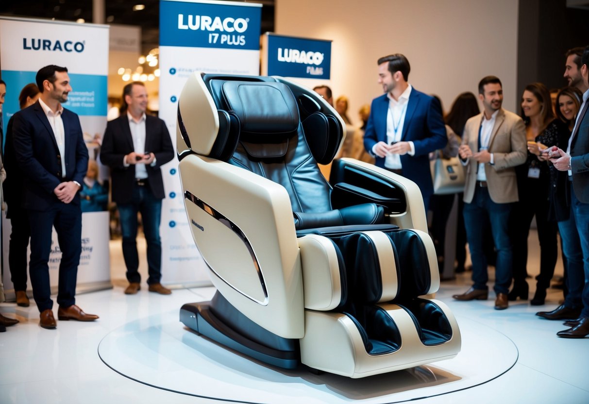 A sleek Luraco i7 PLUS massage chair surrounded by promotional banners and a crowd of interested customers