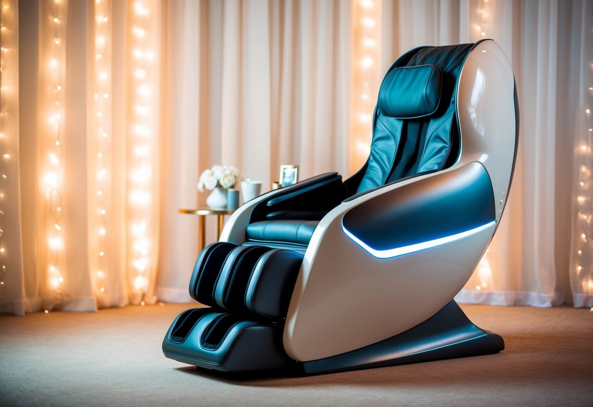 A sleek, modern massage chair surrounded by soft lighting and a tranquil atmosphere
