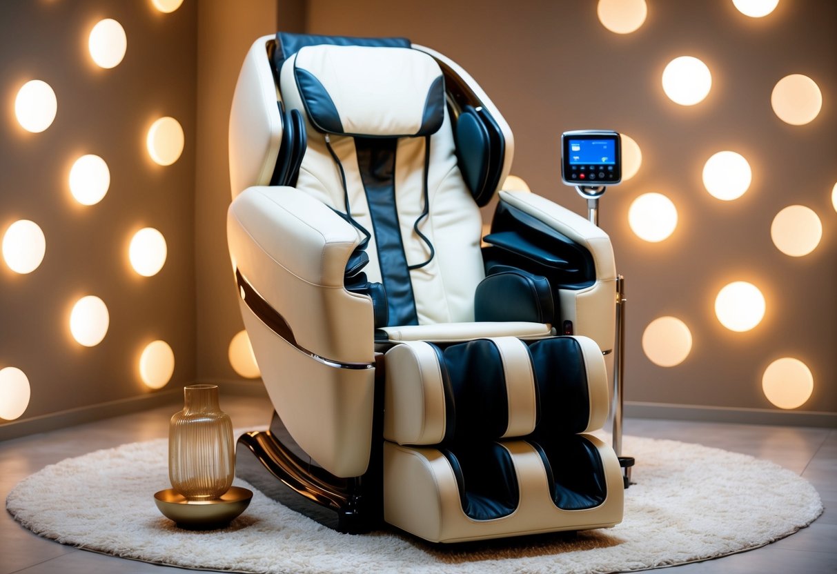 A luxurious massage chair surrounded by soft lighting and soothing decor