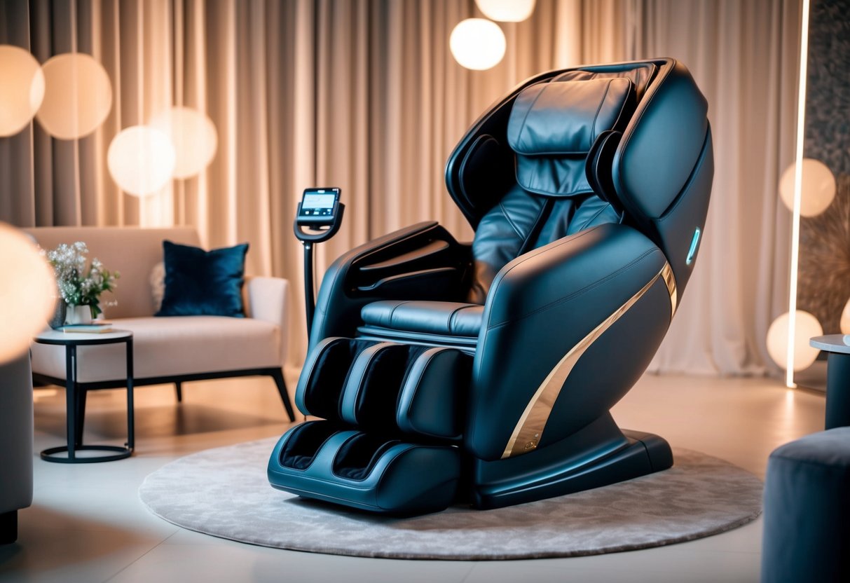 A luxurious massage chair surrounded by soft lighting and plush surroundings, with a sleek and modern design