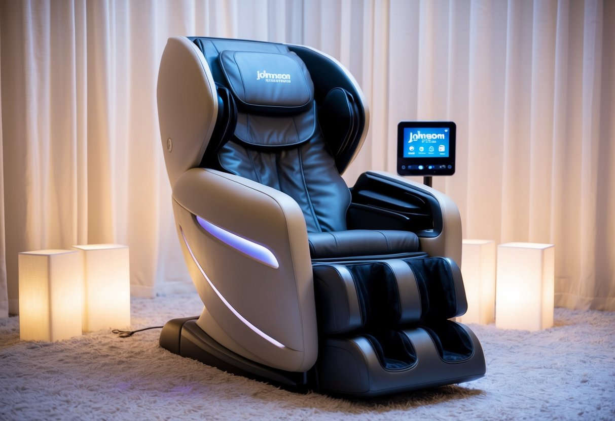 A luxurious massage chair surrounded by soft lighting and plush surroundings, with a prominent display of the Johnson Wellness J6800 logo
