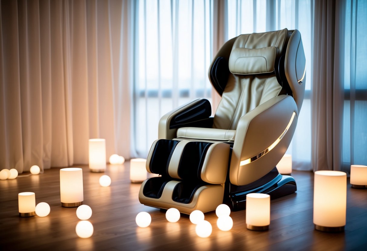 A luxurious massage chair surrounded by soft lighting and a serene atmosphere
