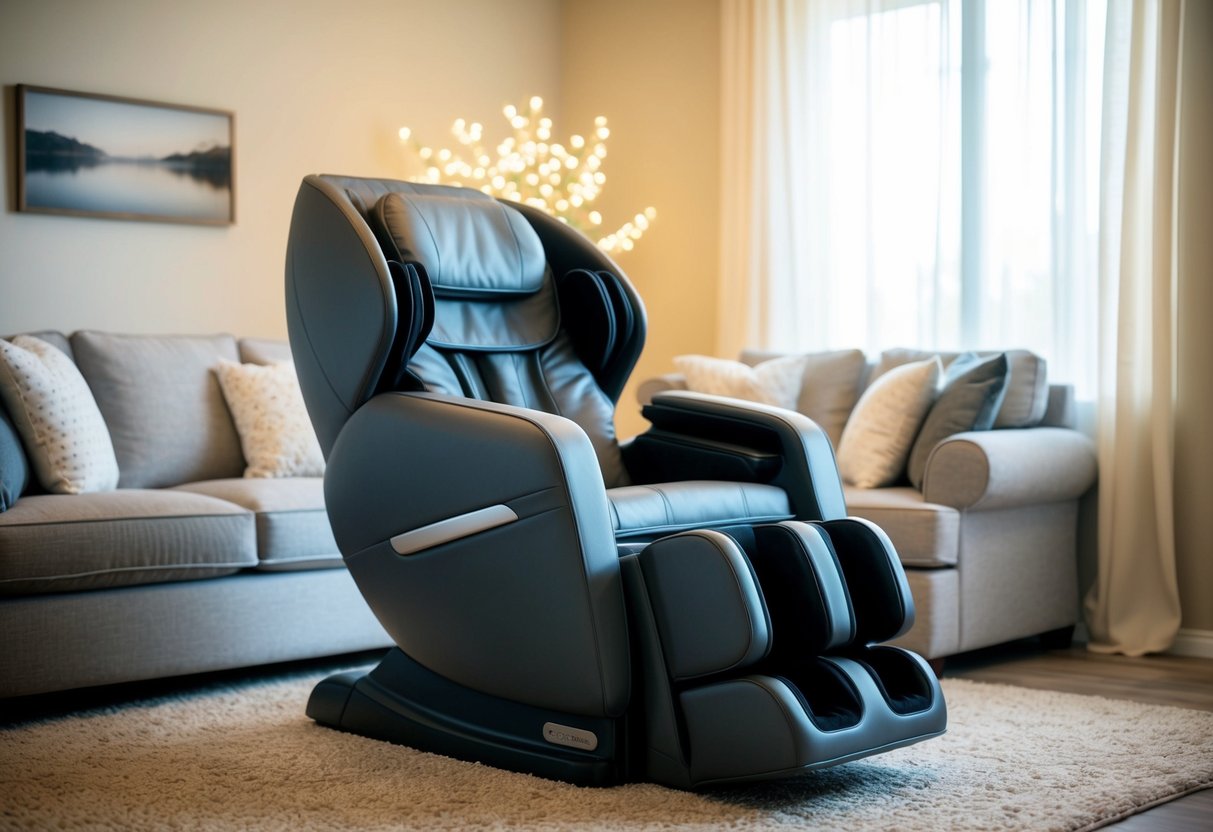 A cozy living room with the Cozzia Qi SE massage chair as the focal point, surrounded by soft lighting and a serene atmosphere