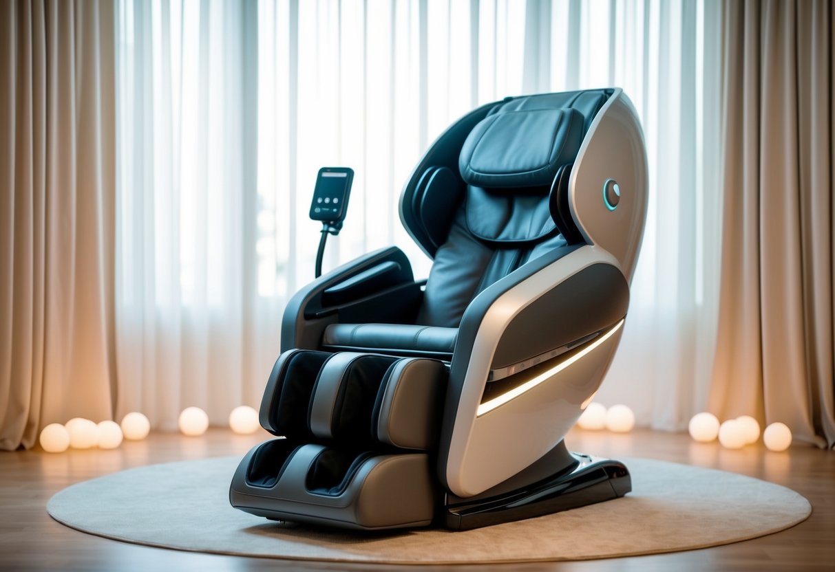 A sleek, modern massage chair surrounded by soft, ambient lighting and a tranquil setting