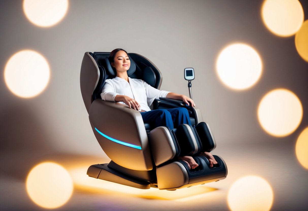A massage chair surrounded by soft, ambient lighting, with a person sitting comfortably and enjoying a relaxing massage