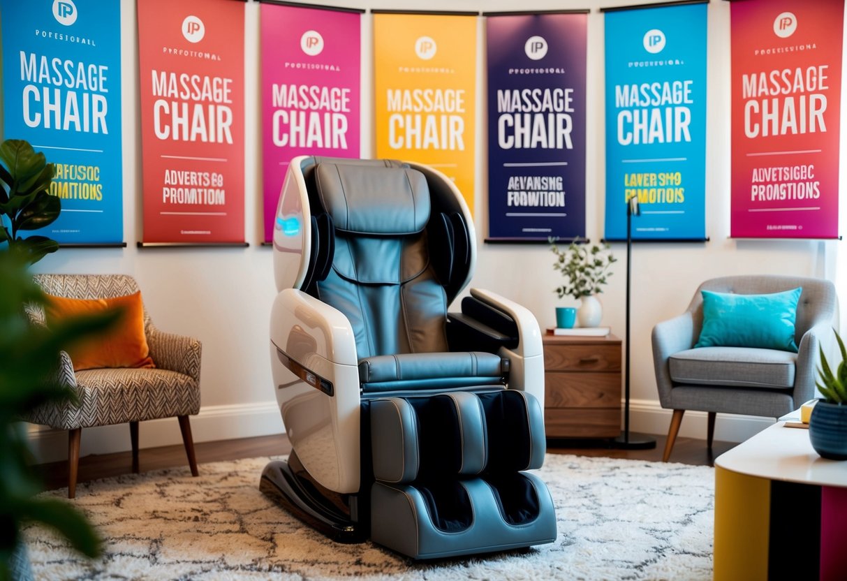 A cozy living room with a sleek massage chair surrounded by colorful banners advertising promotions