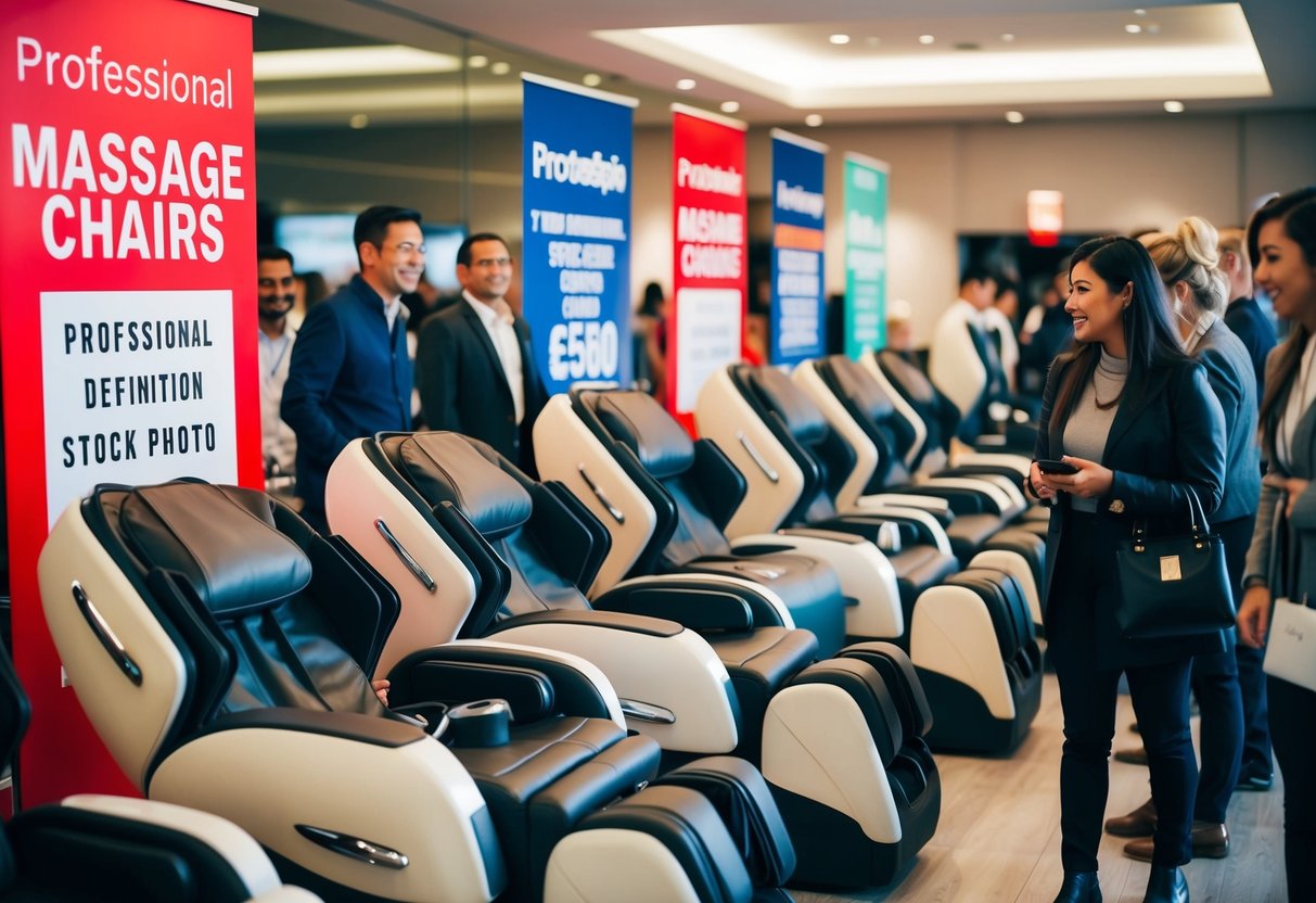 A line of massage chairs with promotional signs, surrounded by curious customers