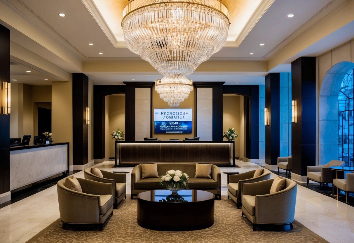 A luxurious hotel lobby with a grand chandelier, plush seating, and a concierge desk. A promotional banner hangs prominently near the entrance
