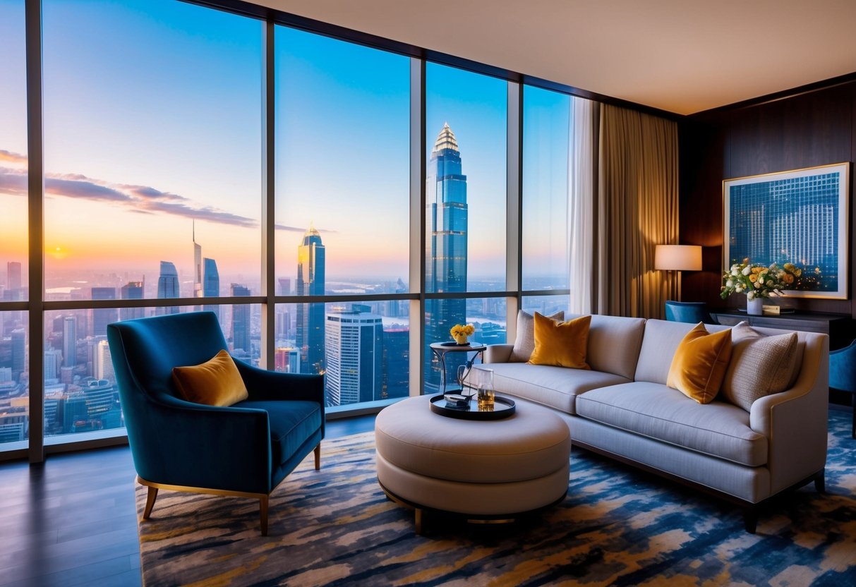 A luxurious suite at MBS hotel, complete with stunning city views, plush furnishings, and exclusive staycation promotions
