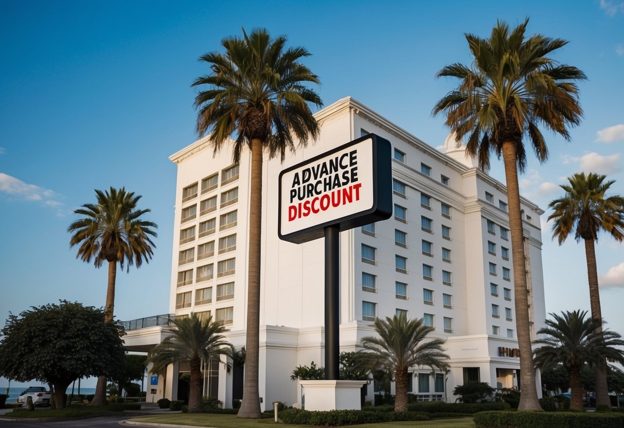 A hotel building with a prominent "Advance Purchase Discount" sign, surrounded by palm trees and a clear blue sky