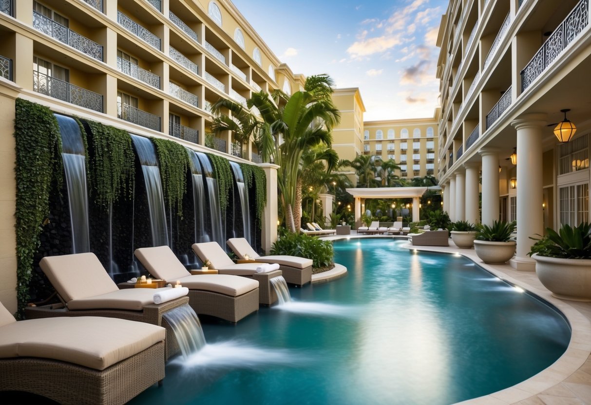 A serene spa with plush loungers, cascading water features, and lush greenery, surrounded by opulent hotel suites