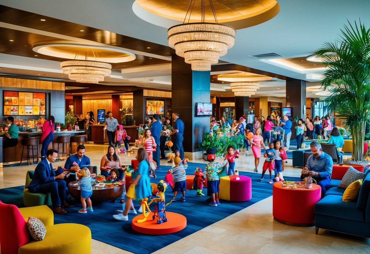 A vibrant, bustling hotel lobby filled with families enjoying various activities and entertainment as part of the MBS hotel promotions
