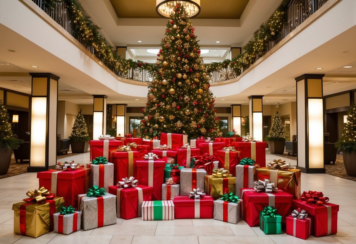 A festive hotel lobby with holiday decor, twinkling lights, and a grand display of gift-wrapped packages
