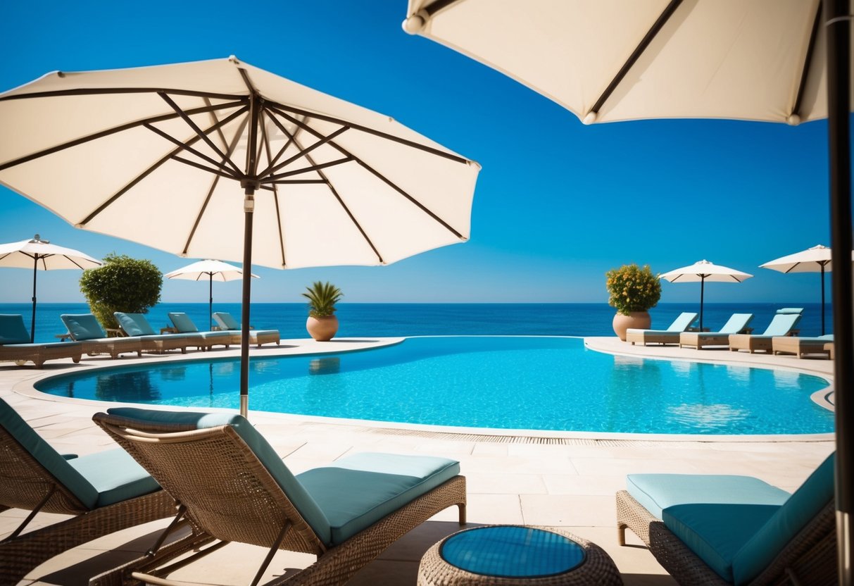 A tranquil poolside scene with lounge chairs, umbrellas, and a sparkling pool under a clear blue sky