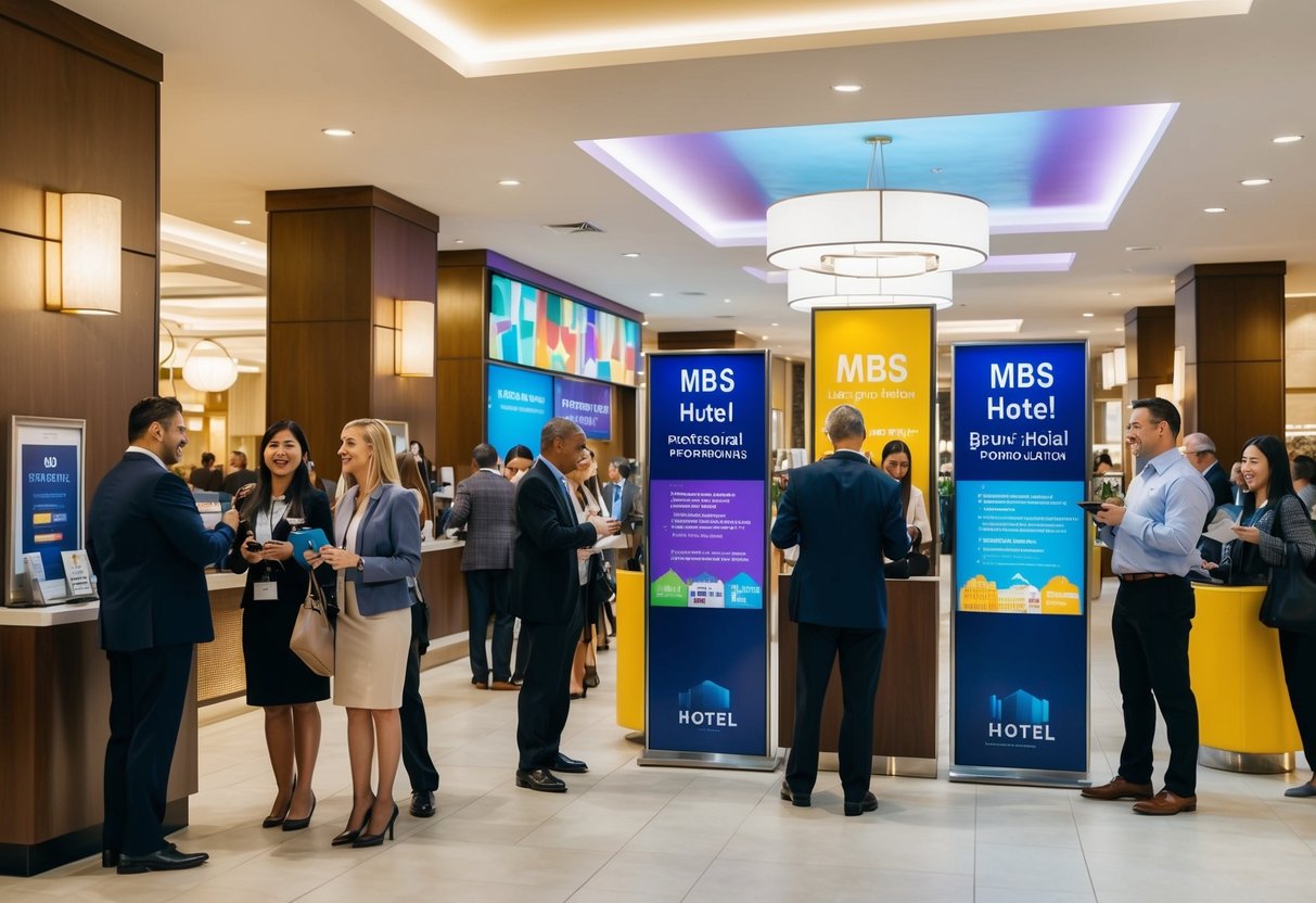 A bustling hotel lobby with colorful promotional displays and eager guests inquiring about MBS hotel promotions