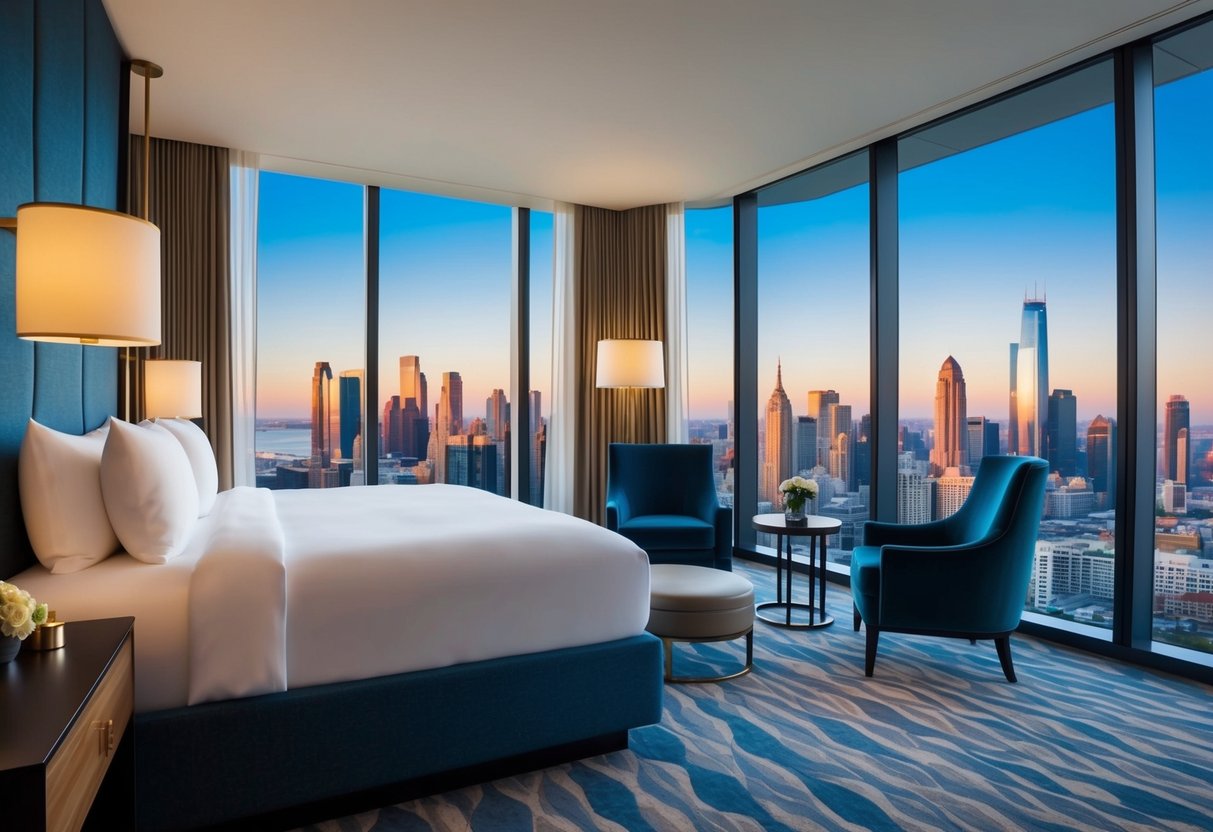 A luxurious hotel room with a plush bed, modern decor, and a stunning view of the city skyline