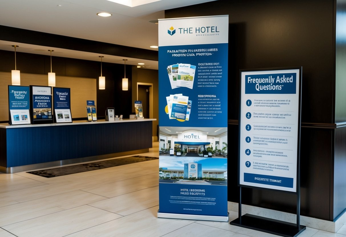 A hotel lobby with a display of promotional materials and a sign for "Frequently Asked Questions" about the hotel's promotions