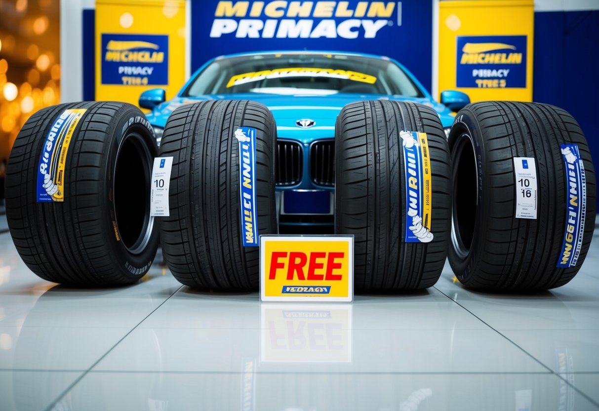 A car with four Michelin Primacy tires, three with a price tag and one marked "Free," surrounded by promotional signage
