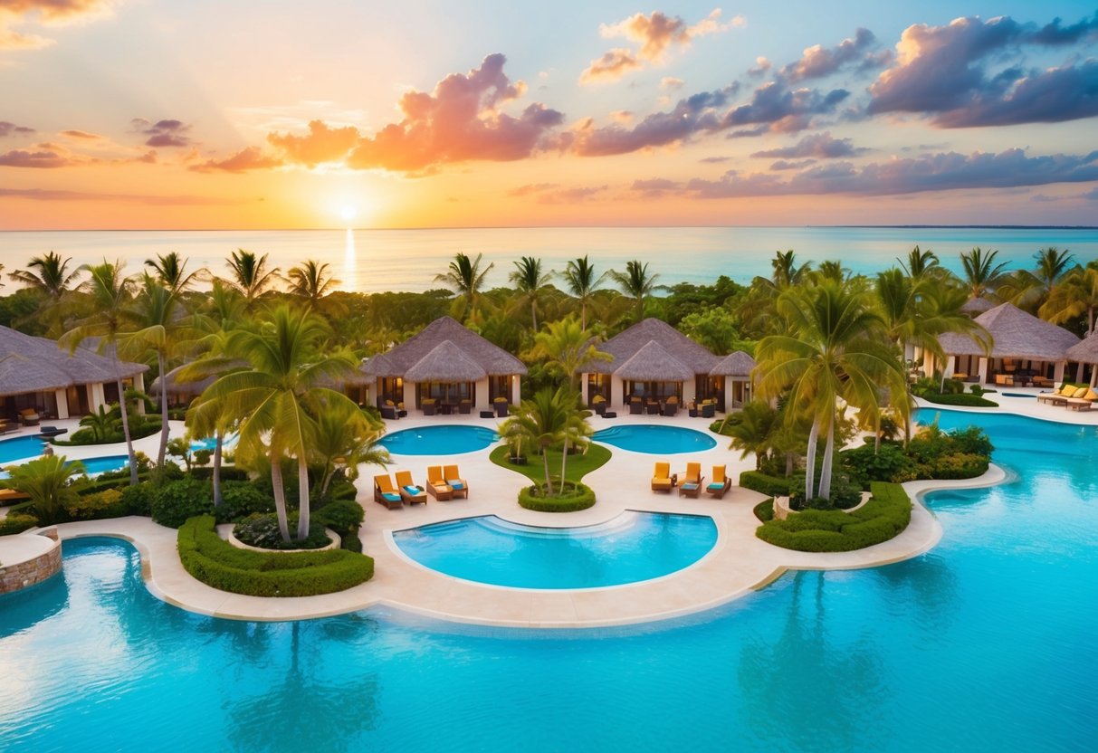 A vibrant beachfront resort with palm trees, pool, and luxurious villas, surrounded by crystal-clear waters and a picturesque sunset