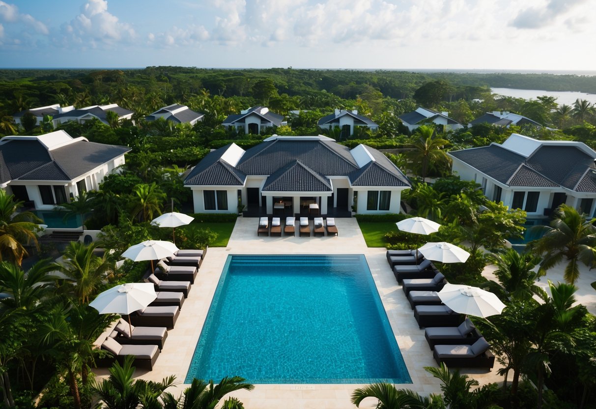 Aerial view of Montigo Resort Batam with lush greenery, luxurious villas, and a sparkling swimming pool