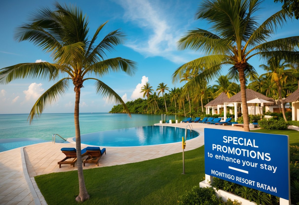 A tropical beach resort with palm trees, a pool, and a sign advertising "Special Promotions to Enhance Your Stay" at Montigo Resort Batam