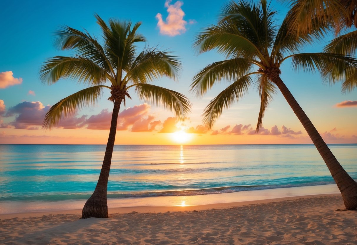 A tropical beach with palm trees, crystal-clear water, and a colorful sunset