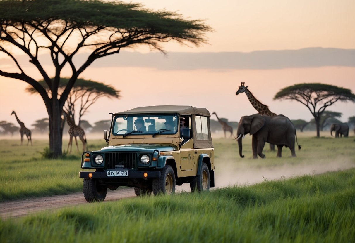 A safari jeep driving through a lush savanna, with giraffes and elephants in the background