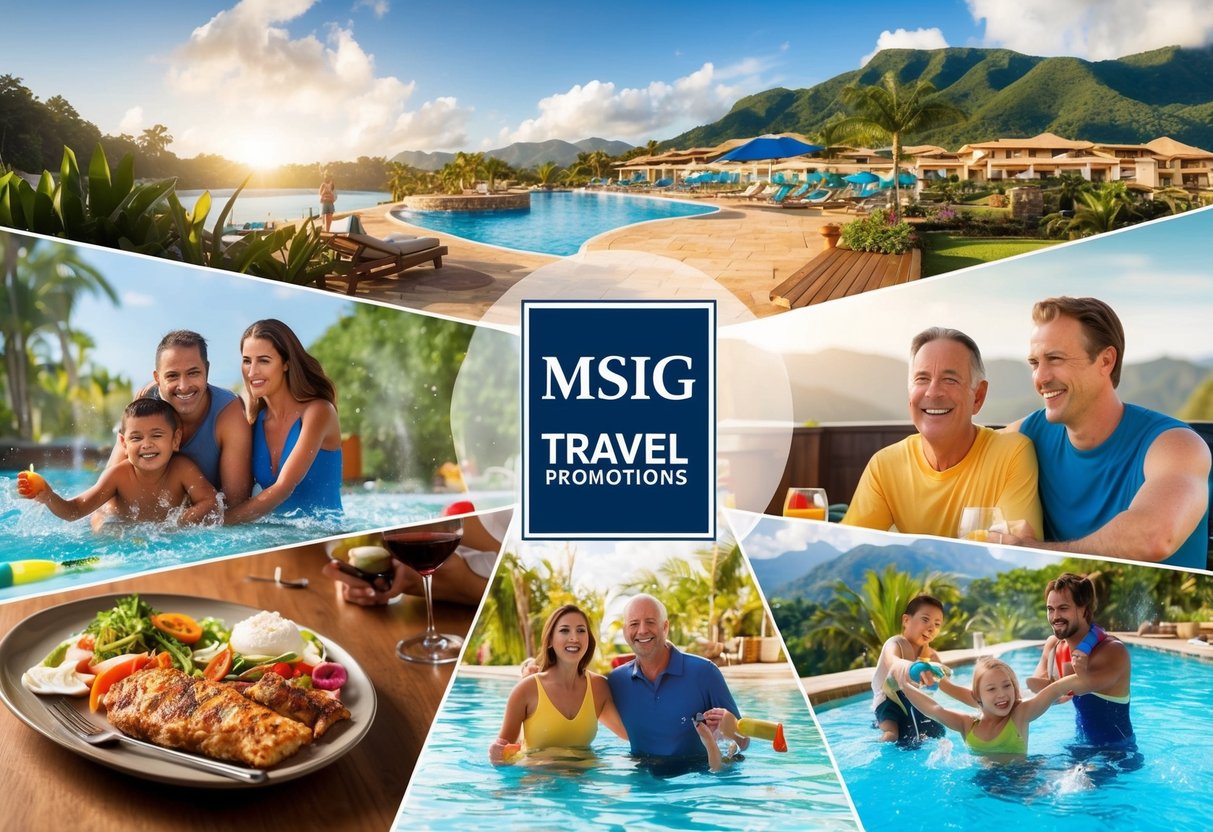 A family enjoying various activities at a resort, including swimming, hiking, and dining, with the MSIG travel promotions logo displayed prominently