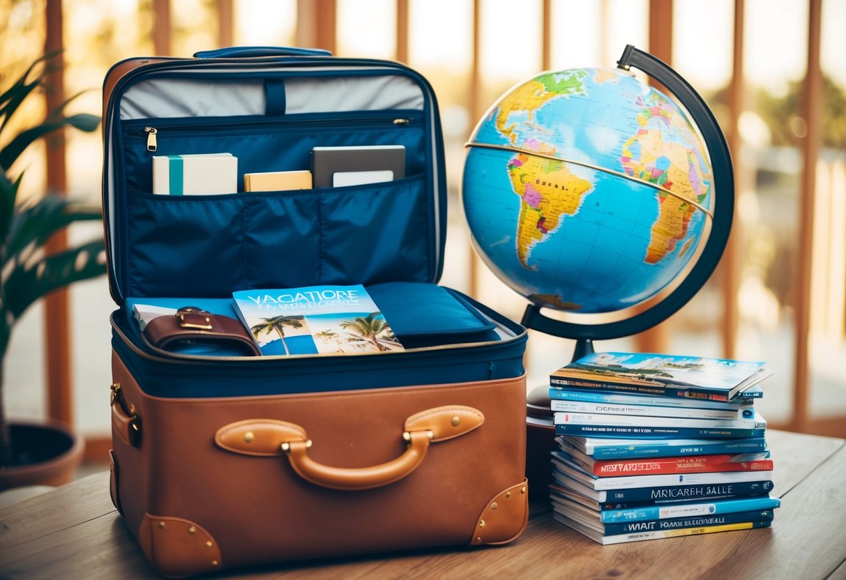 A suitcase filled with travel essentials next to a globe and a stack of brochures for various vacation destinations