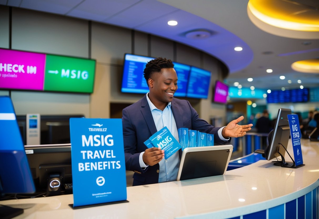 A traveler happily redeeming MSIG travel benefits at a vibrant check-in counter