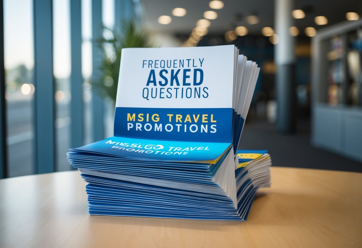 A stack of travel brochures with the title "Frequently Asked Questions MSIG Travel Promotions" displayed prominently on a table