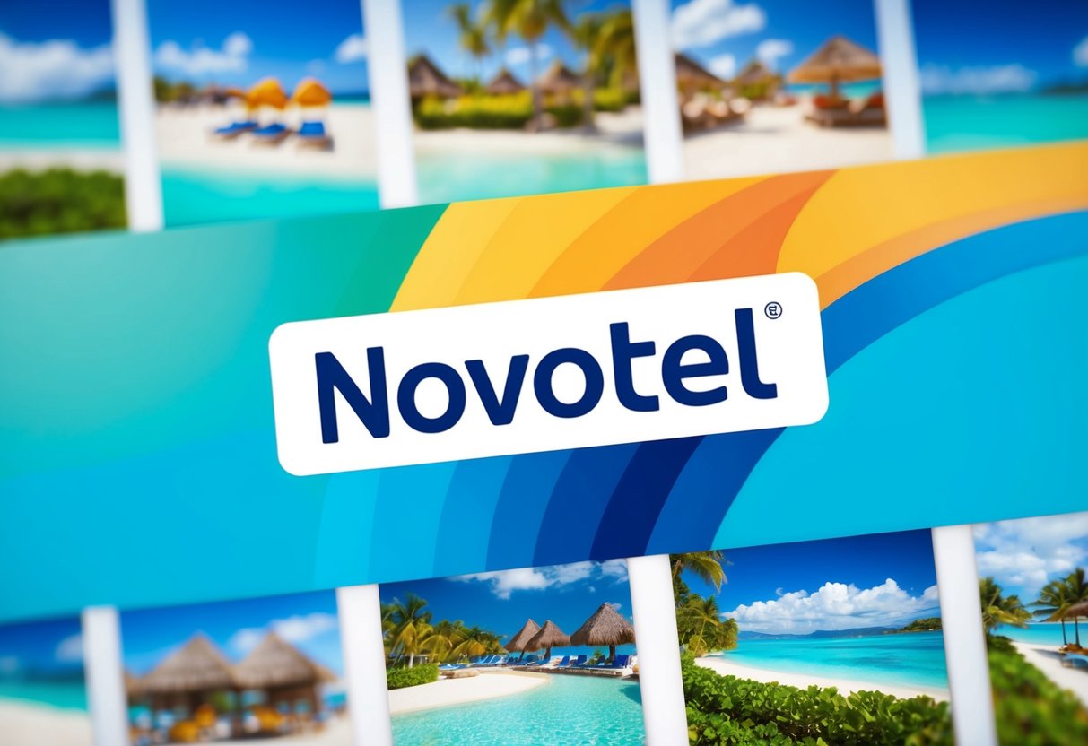 A colorful banner with the Novotel logo, surrounded by images of vacation destinations and enticing offers
