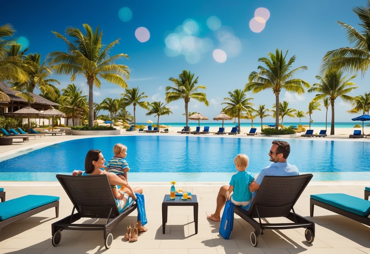 A family enjoying the pool and beach at a Novotel resort, with palm trees, sun loungers, and clear blue skies