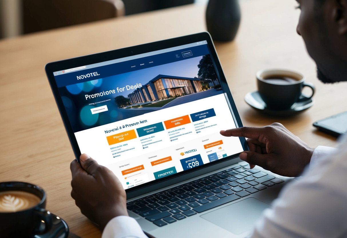 A person browsing Novotel's website, clicking on "Promotions" tab, and viewing various offers and deals