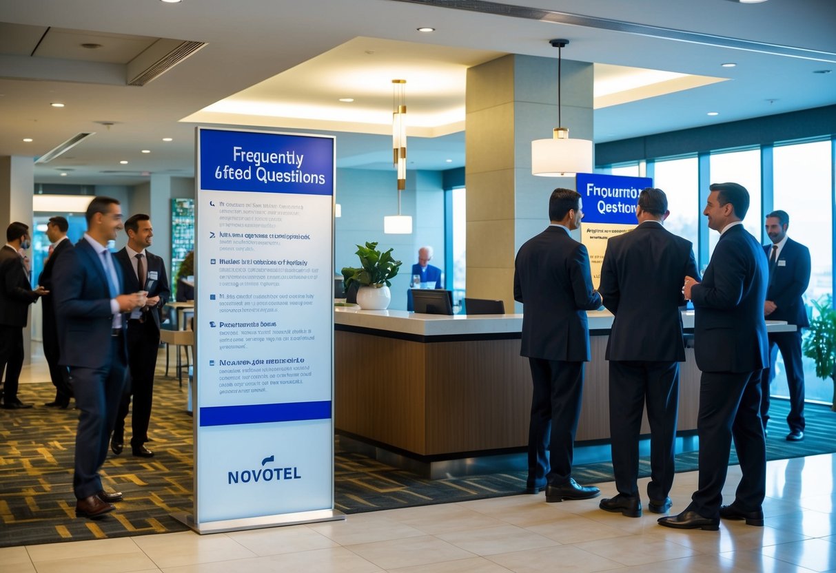 A busy hotel lobby with a prominent "Frequently Asked Questions" display and promotional materials for Novotel. Guests and staff are seen interacting