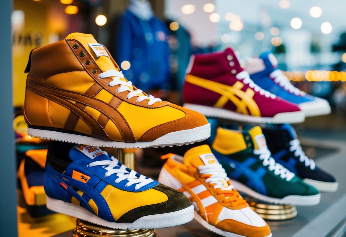 A colorful display of Onitsuka Tiger shoes and accessories in a trendy store window