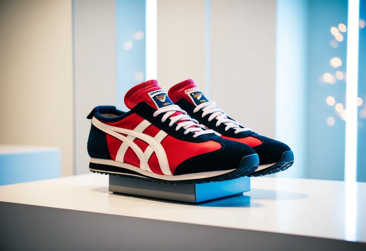 A pair of Onitsuka Tiger Mexico 66 shoes displayed on a sleek, modern promotional stand in a bright, minimalist setting