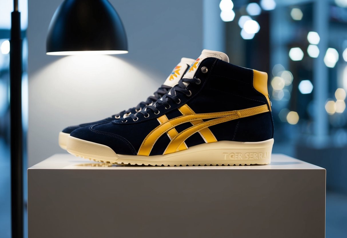 A pair of Onitsuka Tiger Serrano sneakers displayed on a clean, modern pedestal with a spotlight shining on them