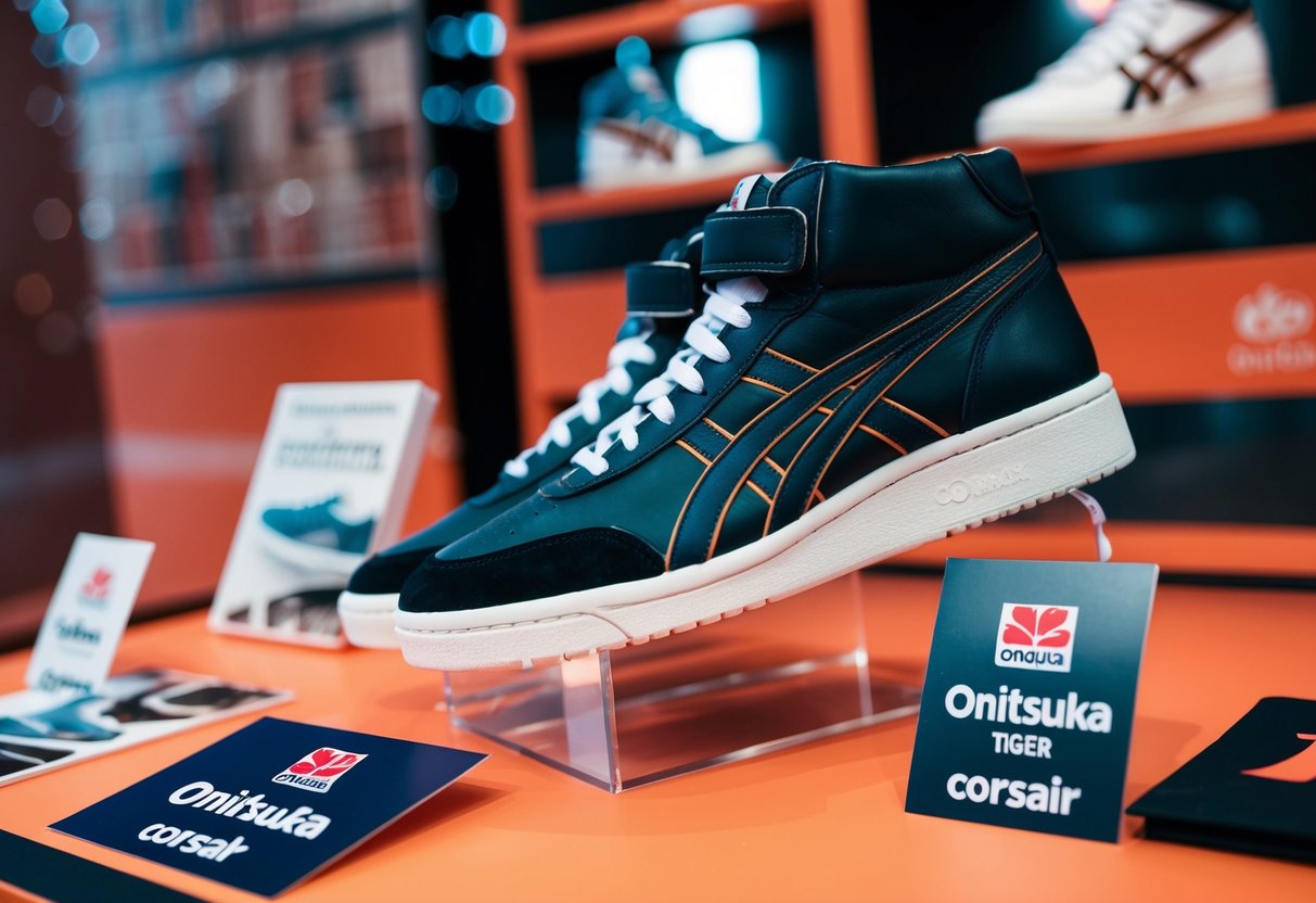 A pair of Onitsuka Tiger Corsair sneakers on display with promotional materials surrounding them