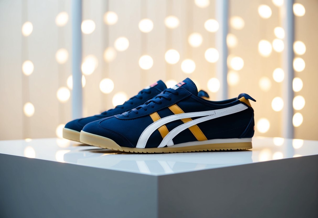 A pair of Onitsuka Tiger Lawnship shoes displayed on a clean, white platform with soft lighting
