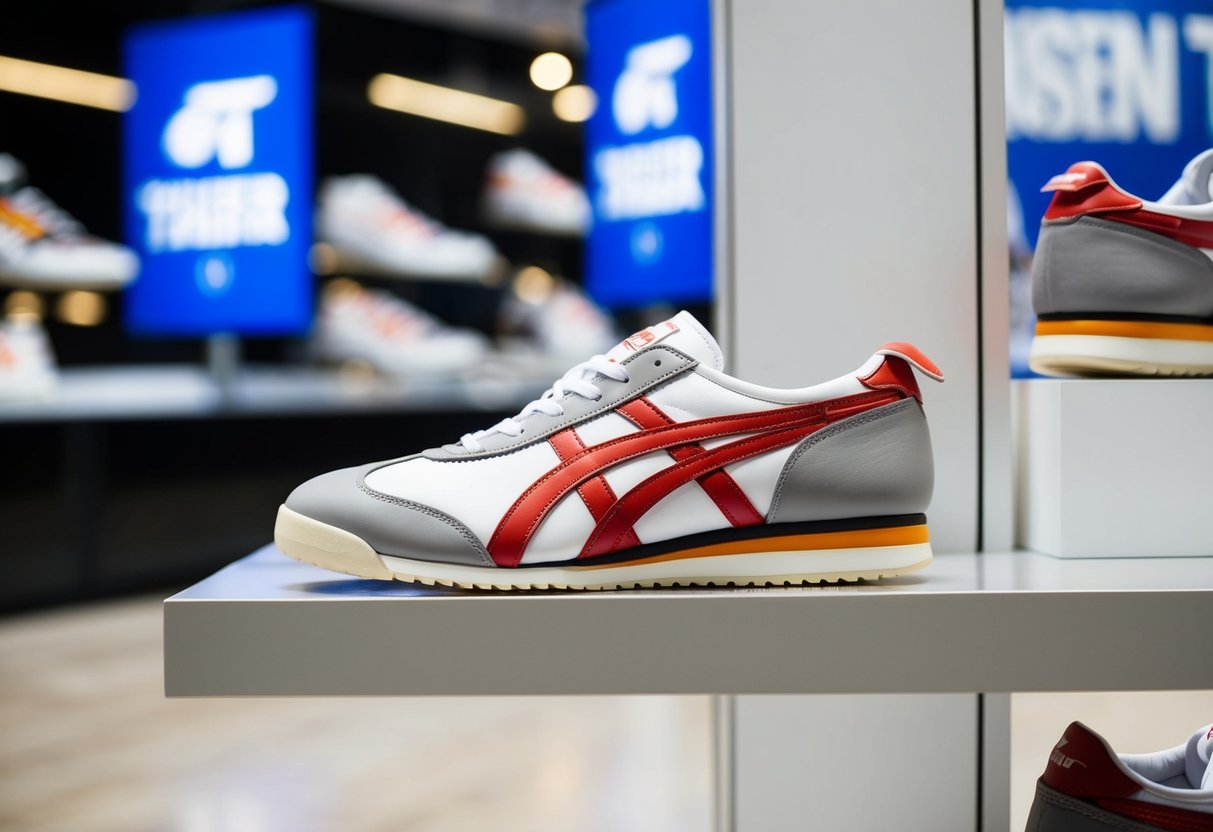 A pair of Onitsuka Tiger Ultimate 81 shoes displayed on a clean, modern retail shelf with promotional signage nearby