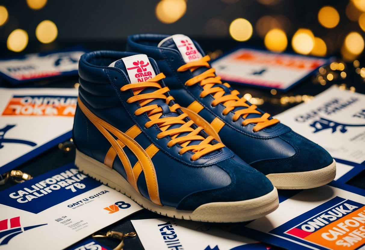A pair of Onitsuka Tiger California 78 sneakers surrounded by promotional materials