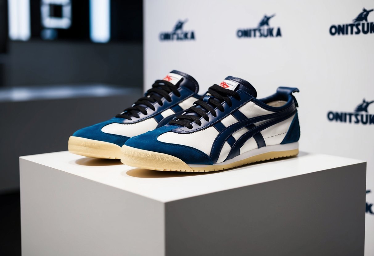 A pair of Onitsuka Tiger GSM sneakers displayed on a clean, white platform with subtle branding in the background