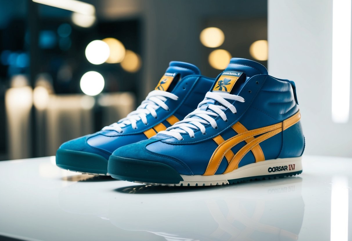 A pair of Onitsuka Tiger Corsair Vin sneakers displayed on a clean, white background, with subtle lighting to highlight the details