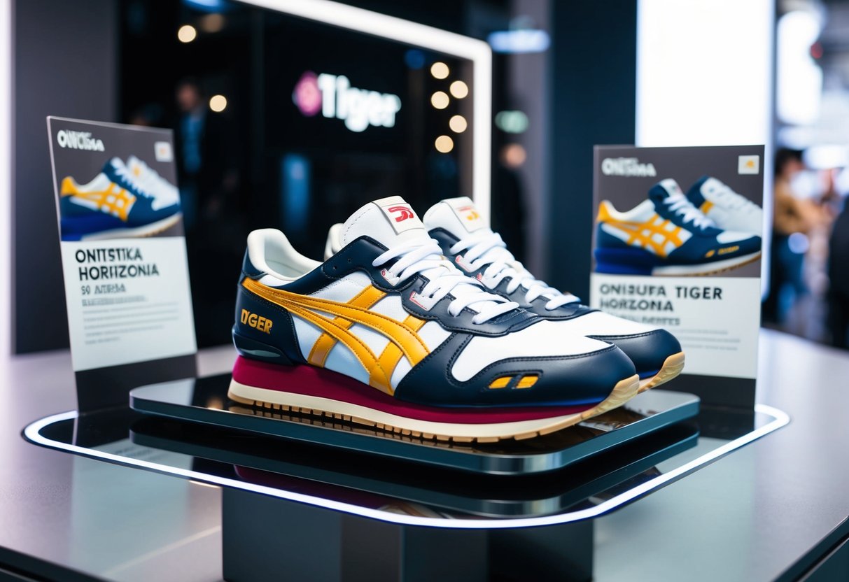 A pair of Onitsuka Tiger Horizonia sneakers displayed on a sleek, modern platform with promotional materials surrounding them