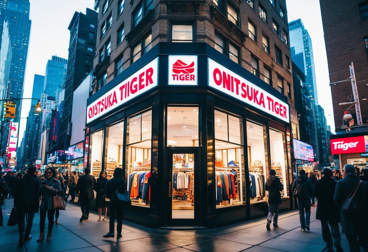 A bustling New York street with a prominent Onitsuka Tiger store, surrounded by bright lights and busy shoppers